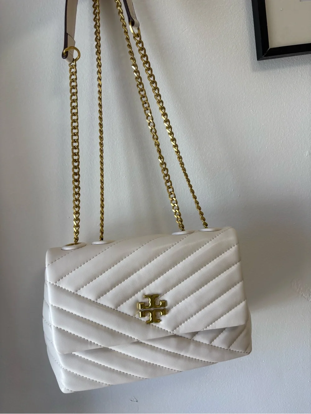 Tory Burch Cream Chevron Quilted Top-Handle Satchel with Gold Hardware
